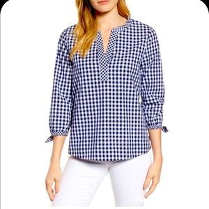 Vineyard Vines Navy Blue Gingham Cotton 3/4 length sleeve